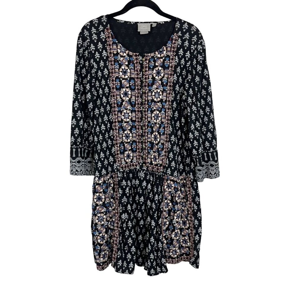 Anthropologie Vanessa Virginia Black Embroidered Ikat Dress Boho Western‎ MEDIUM